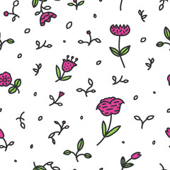 Seamless floral pattern with pink flowers and leaves on white background.