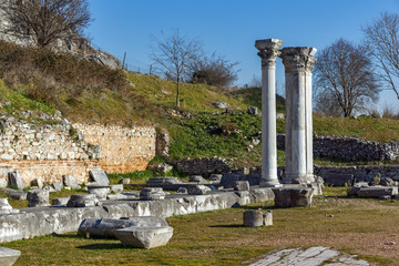 Ruins of columns in the archeological area of Philippi, Eastern Macedonia and Thrace, Greece