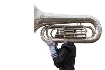Fototapeta na wymiar A man playing a Euphonium isolated on white. Saved with clipping