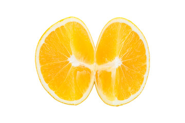 Macro slice of fresh orange isolated on white. Saved with clippi