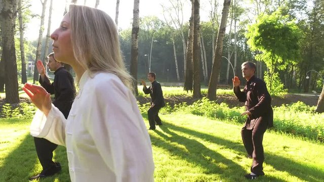 Training in the park. Workout. Group of four people practicing the elements of qigong. 4K