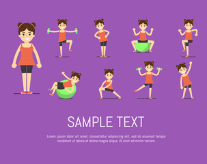 Fototapeta na wymiar Smiling young girl doing exercises with dumbbells and fit ball, vector illustration set in flat style. Healthy lifestyle. Fitness people. Workout and gymnastics. Characters on purple background.