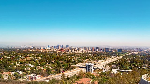 Time-lapse overlooking Brentwood, LA with a view of the 405 freeway and Century City