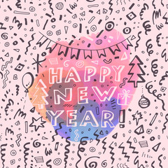 Happy New Year colorful hand drawn greeting card with a cheerful seamless background and hand lettering