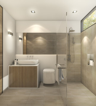 3d rendering warm tone toilet with beautiful tile and decor