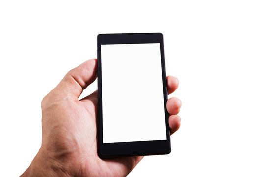 Hand man holding smart phone isolated