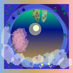 Obraz premium Mysterious night landscape. Moonlight. Blooming garden. Spring. Small town. Vector bandana print or silk neck scarf. Kerchief square pattern design style for print on fabric. Beautiful tablecloth.