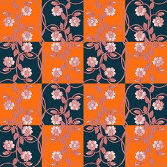 Fototapeta na wymiar Seamless checkered pattern with floral ornament. Vector illustration.