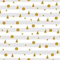Seamless pattern with gold dots and triangles on striped background. Vector illustration.
