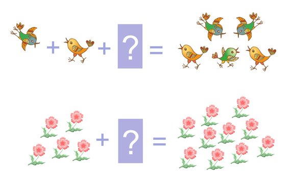 Educational game for children. Cartoon illustration of mathematical addition. Examples with flowers and birds.