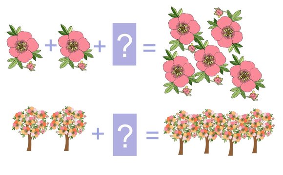 Educational game for children. Cartoon illustration of mathematical addition. Examples with flowers and flowering trees.