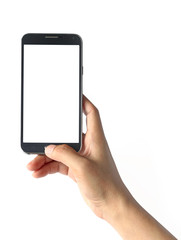 hand holding black phone isolated on white clipping path inside