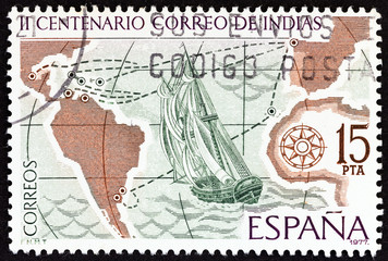 West Indies sailing packet and map of mail routes to America (Spain 1977)