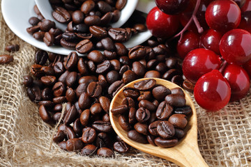 Wooden spoon coffee sack in the background.