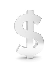 Isolated silver dollar sign on white background. American currency. Chrome silver economy symbol.  3D rendering.