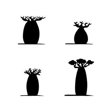 vector set of four hand drawing black baobabs