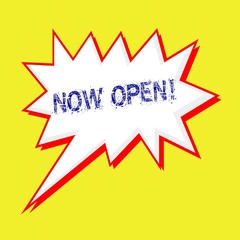 now open blue wording on Speech bubbles Background yellow white