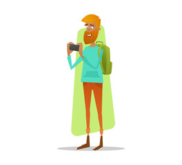 Young hipster man uses his smartphone to find friends. Vector illustration of the mobile chat.