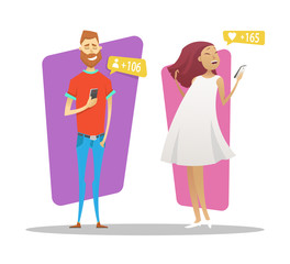 Young man and women uses his smartphone to find friends. Vector illustration of the mobile chat.