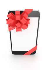 Black phone with red bow and empty screen. 3D rendering.