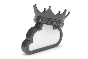 Isolated black cloud icon with crown and gems on white background. Symbol of communication, network and technology. Broadband. Online database. 3D rendering.