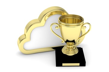 Isoalted golden cup with cloud on white background. Concept of cloud storage competition. Leader cloud drive. Best storage contest. 3D rendering.