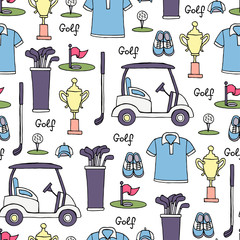 Vector seamless pattern with hand drawn colored symbols of golf - 119577822
