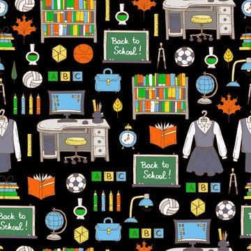 Vector seamless pattern with hand drawn colored symbols of school and university on black color