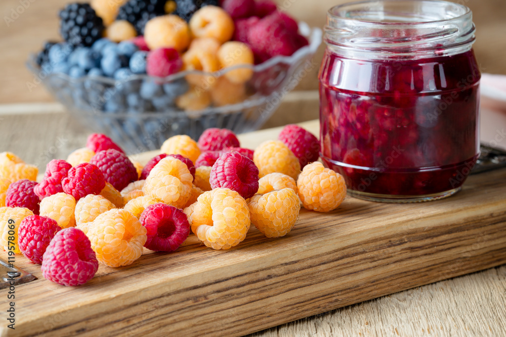 Sticker Raspberry jam in glass jar