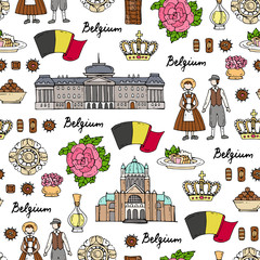 Vector seamless pattern with hand drawn colored symbols of Belgium - 119578400