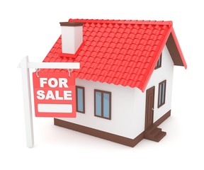 Miniature model of house real estate for sale on white background. 3D rendering.