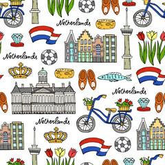 Vector seamless pattern with hand drawn colored symbols of Nethelands - 119578426