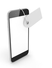 Smart phone with price tag on white background. Identification, price, label. 3D rendering.