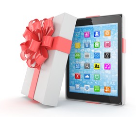 Tablet in white gift box with red bow and ribbons on white. 3D rendering.