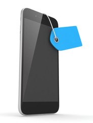 Smart phone with blue price tag on white background. Identification, price, label. 3D rendering.