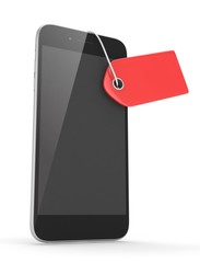 Smart phone with red price tag on white background. Identification, price, label. 3D rendering.