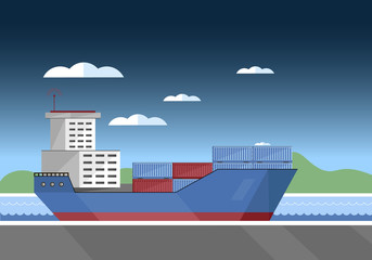 Cargo vessel with container isolated flat vector illustration