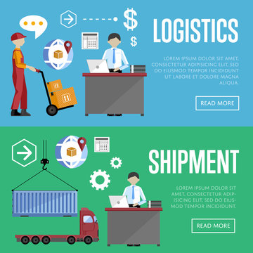 Logistics process services banners set of distribution, transportation and delivery isolated vector illustration. Warehouse management concept. Flate design style.