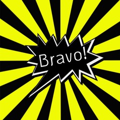 Bravo black Speech bubbles white wording on Striped sun yellow-Black background
