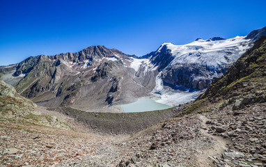 melting glacier,waterfalls and lake in Stubai Alps