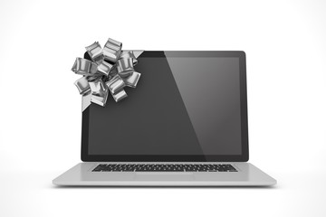 Tied laptop with silver bow on white background. Modern present or gift for birthday, holiday, christmas. 3D rendering.