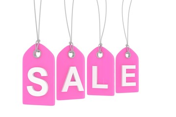 Pink isolated sale labels on white background. Price tags. Special offer and promotion. Store discount. Shopping time. 3D rendering.