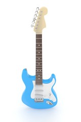 Naklejka premium Isolated blue electric guitar on white background. Musical instrument for rock, blues, metal songs. 3D rendering.