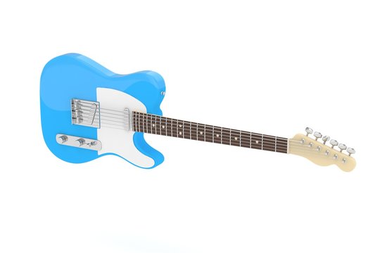 Isolated blue electric guitar on white background. Concert and studio equipment. Musical instrument. Rock, blues style. 3D rendering.