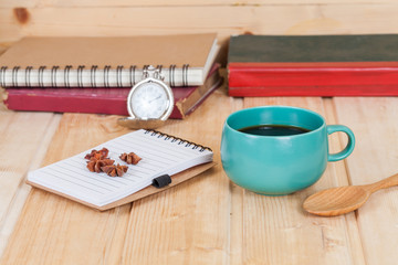 cup of coffee  on  wood table