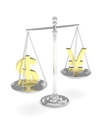 Isolated old fashioned pan scale with dollar and yuan,yen on white background. American and chinese and japanese currency. Currency equality. 3D rendering.