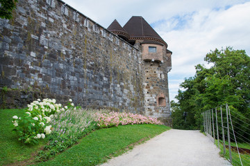 Fototapeta premium Back of the Ljubljana Castle with tower in Slovenia