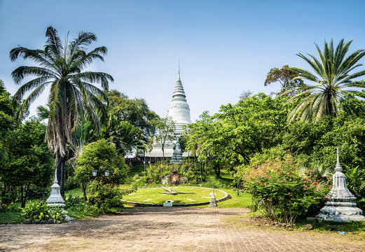 Wat Phnom temple landmark in central Phnom Penh city Cambodia