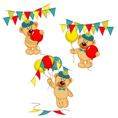 set of isolated teddy bear with balloons and garlands - vector illustration, eps