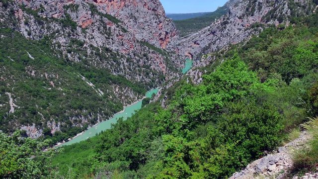 Gorges du Verdon (Verdon Gorge) seen from Chalet de La Maline in southern France. View of beautiful French natural landscape with canyon, mountain, crystal clear waters, scenery